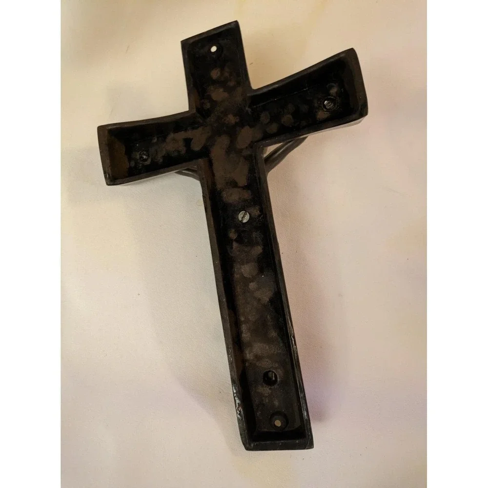 Vintage INRI Metal Crucifix Cross Casket Coffin Wall Hanger 13 Inch Satin Nickel